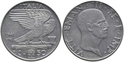 ИТАЛИЯ 50 ЧЕНТЕЗИМО 1941 R, ВИКТОР ИМАНУИЛ, XIX ГОД, МАГНИТНАЯ KM 76b нержавеющая сталь 89-423