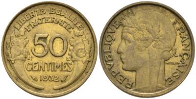 Франция 50 сантимов 1932 KM 894.1, Le Franc 192.15 алюминиевая бронза 4596-753
