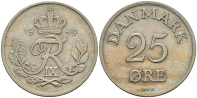 Дания 25 эре 1949 Фредерик IX (1947-1972) KM 842 медно-никель 4579-256