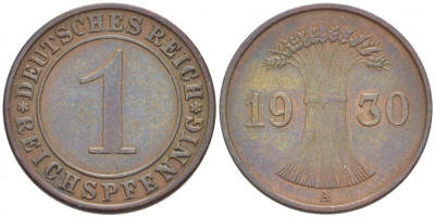 ГЕРМАНИЯ 1 РЕЙХСПФЕННИГ 1930 A KM 37, J. 313 бронза 116-757