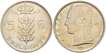 БЕЛЬГИЯ 5 ФРАНКОВ 1978 BELGIQUE, БОДУЭН I (1951-1993) KM 134.1 медно-никель 4546-327