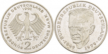 ФРГ 2 МАРКИ 1991 J, КУРТ ШУМАХЕР KM 149, J. 424 медно-никель плакированный никелем 3718-957