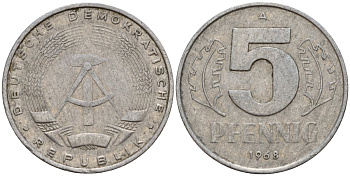 ГДР 5 пфеннигов 1968 A KM 9.1 алюминий 211-848