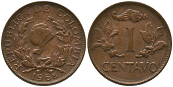 Колумбия 1 сентаво 1968 KM 205a, Schon 25a, Hernandez  336, Restrepo 352 сталь плакированная бронзой 4576-1164
