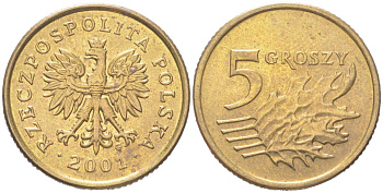 Польша 5 грошей 2001 MW KM 278 латунь UNC 4614-622