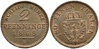 ПРУССИЯ 2 ПФЕННИГА 1868 В, ВИЛЬГЕЛЬМ I (1861-1888) KM 481 медь UNC 75-864
