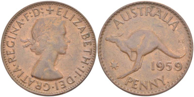 АВСТРАЛИЯ 1 ПЕННИ 1959 р, ЕЛИЗАВЕТА II (1953-), КЕНГУРУ KM 56 бронза 32-725