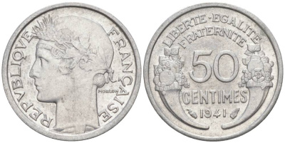 ФРАНЦИЯ 50 САНТИМОВ 1941 ТИП MORLON LOURDE KM 894.1a, LE FRANC 193.2 алюминий 44-313