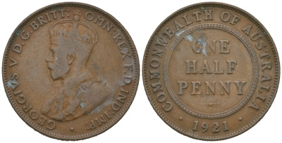 Австралия 1/2 пенни 1921 Георг V (1910-1936) KM 22 бронза 67-247