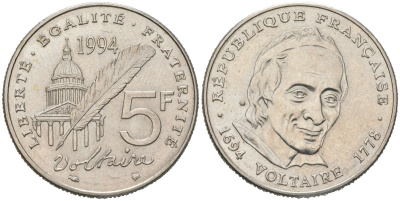Франция 5 франков 1994 300 лет со дня рождения Вольтера KM 1063, Le Franc 344.2 никель UNC 4599-314