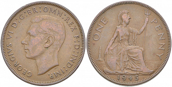 Великобритания 1 пенни 1945 Георг VI (1936-1952) KM 845, Spink 4114 бронза 4403-642