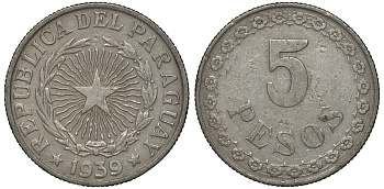ПАРАГВАЙ 5 ПЕСО 1939 ГОД ТИП KM 18 медно-никель 72-1521