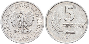 Польша 5 грошей 1968 MW, редкий год KM A46, Parchimowicz 204i алюминий 187-435