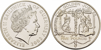 Гернси 5 фунтов 2002 50 лет правления королевы Елизавты II (королева в карете) KM 119 медно-никель UNC 04-092-31-M15-16