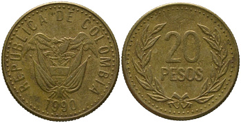 Колумбия 20 песо 1990 KM 282 алюминиевая бронза 4528-861
