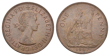 Великобритания 1 пенни 1967 Елизавета II (1952-2022) KM 897, Spink 4157 бронза 4661-1032