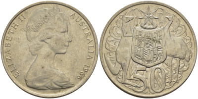 Австралия 50 центов 1966 Елизавета II (1952-2022), герб Австралии, кенгуру KM 67 серебро 82-821