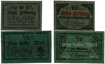 ВАЛЬДЕНБУРГ НАБОР ИЗ 2 БАНКНОТ 1917-1918 ДО 31 ДЕКАБРЯ 1918, НОТГЕЛЬД (10 ПФЕННИГОВ И 1/2 МАРКИ), ЗЕМЛЯ СИЛЕЗИЯ Grabowski W3.1 бумага 2193-17-3-2