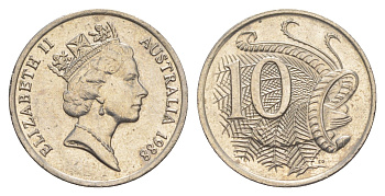 Австралия 10 центов 1988 Елизавета II (1952-2022), птица лирахвост KM 81 медно-никель aUNC 4384-154