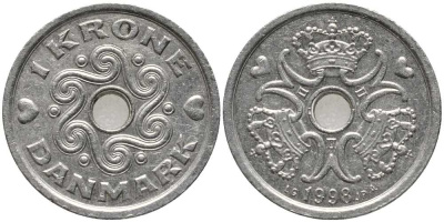 ДАНИЯ 1 КРОНА 1998 LG; JP; A, МАРГРЕТЕ II (1972-) KM 873.1 медно-никель 113-755