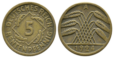 ГЕРМАНИЯ 5 РЕНТЕНПФЕННИГОВ 1924 A, KM 32, J. 308 алюминиевая бронза 4380-1016