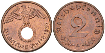 ГЕРМАНИЯ 2 РЕЙХСПФЕННИГА 1939 A KM 90, J. 362 бронза 261-1014