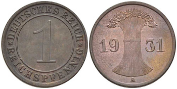 ГЕРМАНИЯ 1 РЕЙХСПФЕННИГ 1931 A KM 37, J. 313, Weege 2 бронза 206-839