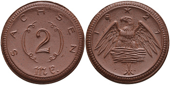 Саксония 2 марки 1921 J. N 56 фарфор 1094-2-75