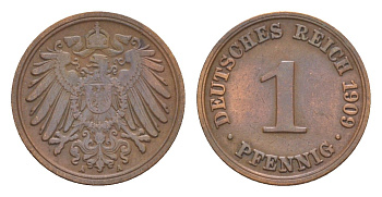 Германия 1 пфенниг 1909 A, Вильгельм II (1888-1918) KM 10, J. 10 медь 4639-1137