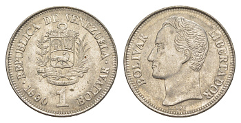 Венесуэла 1 боливар 1990 Симон Боливар, толстый шрифт Y 52a.2 сталь плакированная никелем 4591-916