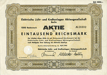 Германия 1000 рейхсмарок 1943 АО Электрические осветительные и энергетические установки, Берлин, акция   бумага  8804-78-1