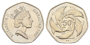 Гибралтар 50 пенсов 1997 год-тип KM 39.1 медно-никель aUNC 1524-2031