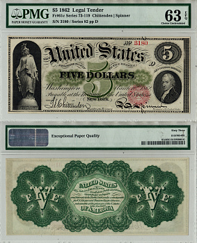 США, Legal Tender 5 долларов 1862 В слабе компании PMG. Сохранность - «63 EPQ». Fr. 61 c  бумага  UNC (пресс) 10-2-3