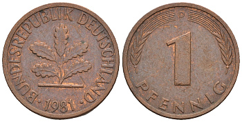 ФРГ 1 пфенниг 1981 D KM 105, J.380 сталь плакированная медью 4609-332