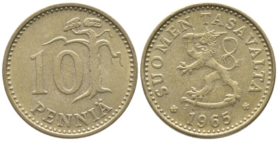 ФИНЛЯНДИЯ 10 ПЕННИ 1965 S KM 46 алюминиевая бронза 100-966