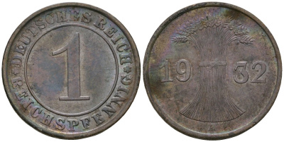 Германия 1 рейхспфенниг 1932 A KM 37, J. 313 бронза 4189-1152