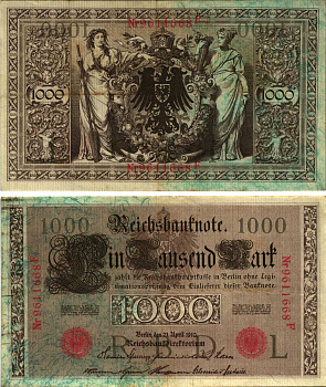 ГЕРМАНИЯ 1000 МАРОК 1910 21 АПРЕЛЯ 1910, СЕМИЗНАЧНЫЙ НОМЕР, СЕРИЯ F Pick 44b бумага 8610-23-1