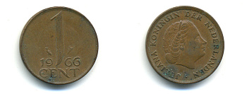 НИДЕРЛАНДЫ 1 ЦЕНТ 1966 ЮЛИАНА KM 180 бронза 4379-1324