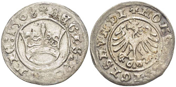 Польша, Краков 1/2 гроша 1508 Сигизмунд I Старый (1506-1548), вес 1 гр. Kopicki 408, Gumowski 480 серебро 1517-143