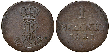 Ганновер 1 пфенниг 1841 A, Эрнст Август (1837-1851) KM 173.1, AKS 126, J. 54 медь 72-1047