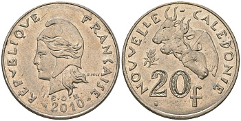 Французская Новая Каледония 20 франков 2010 три быка, (IEOM) KM 12a, Schoen 14a медно-никель 4137-422