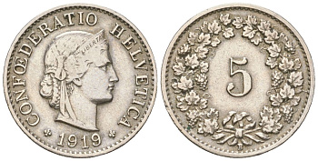 Швейцария 5 раппенов 1919 B KM 26 медно-никель 4160-823