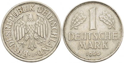 ФРГ 1 МАРКА 1960 J KM 110, J. 385 медно-никель 3718-1114