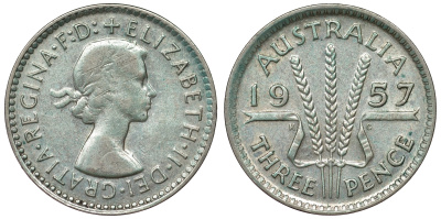 Австралия 3 пенса 1957 m, Елизавета II (1952-2022) KM 57 серебро 71-514