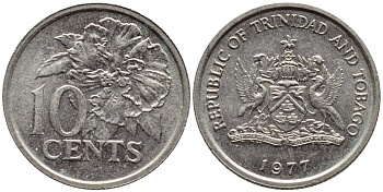 Тринидад и Тобаго 10 центов 1977 цветок гибискуса KM 31 медно-никель 4396-861