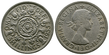 Великобритания 2 шиллинга (флорин) 1955 Елизавета II (1952-2022) KM 906, Spink 4146 медно-никель 4607-845