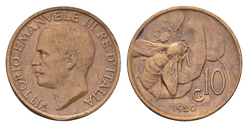 Италия 10 чентезимо 1920 R, Виктор Эммануил III (1900-1946) KM 60 бронза 3996-917