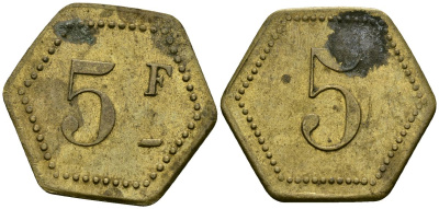 Франция 5 франков XIX-XX век ресторанный жетон латунь 4166-1021