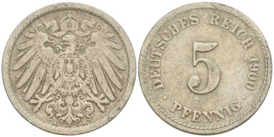 ГЕРМАНИЯ 5 ПФЕННИГОВ 1900 А KM 11, J. 12 медно-никель 206-1212