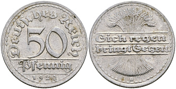 Германия 50 пфеннигов 1920 D KM 27 алюминий 4171-1043
